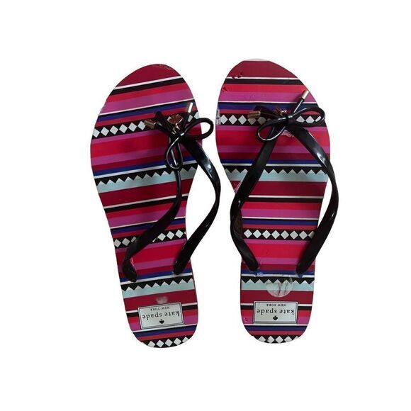 Kate Spade Womens Red Pink Bow Rubber Striped Flip Flops Slippers Size 9 - Picture 1 of 9